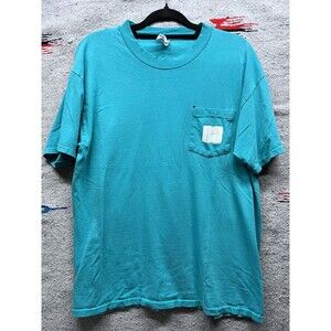Vintage 80s 90s Teal green super soft Pocket t shirt Hanes Beefy Large